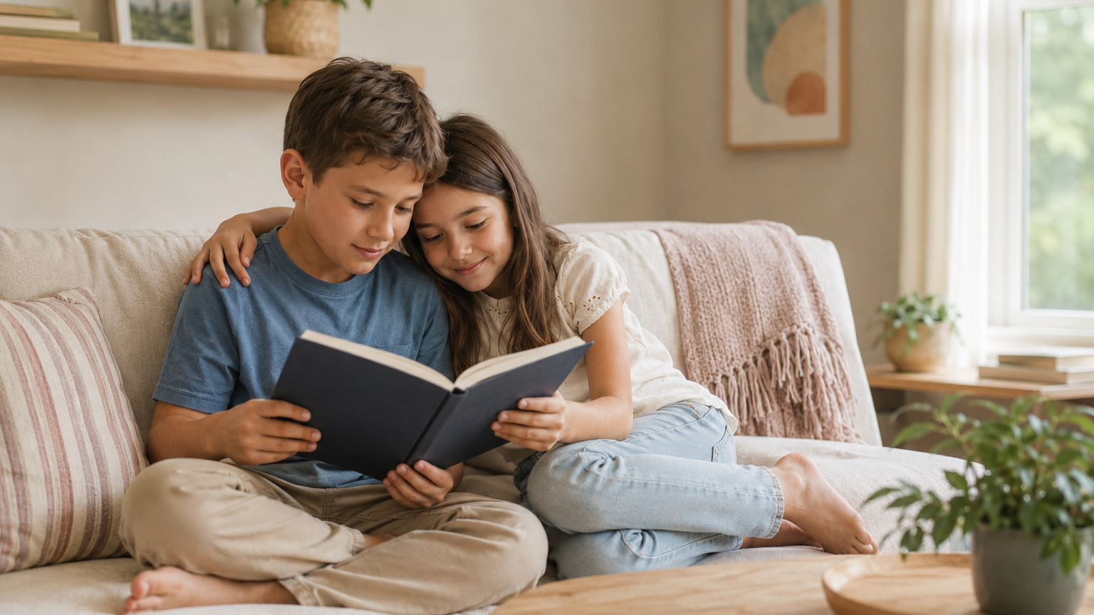 Two children reading together on a sofa